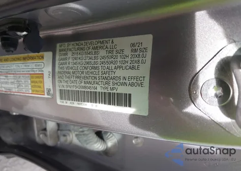 2021 Honda Pilot 2Wd Special Edition из США, поврежденный, VIN 5FNYF5H26MB045164